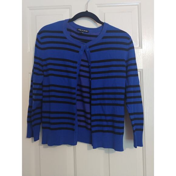 cable & gauge Cardigan Striped Button Down Medium Blue Black - Picture 1 of 4